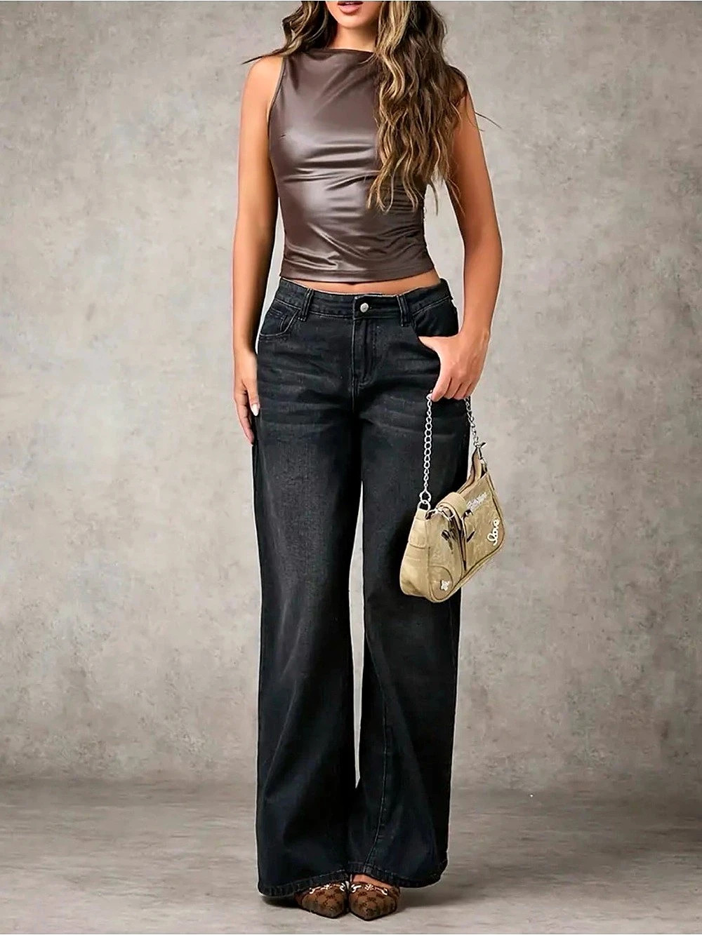 River Island Brown Hammered Faux Leather Ruched Detail Top